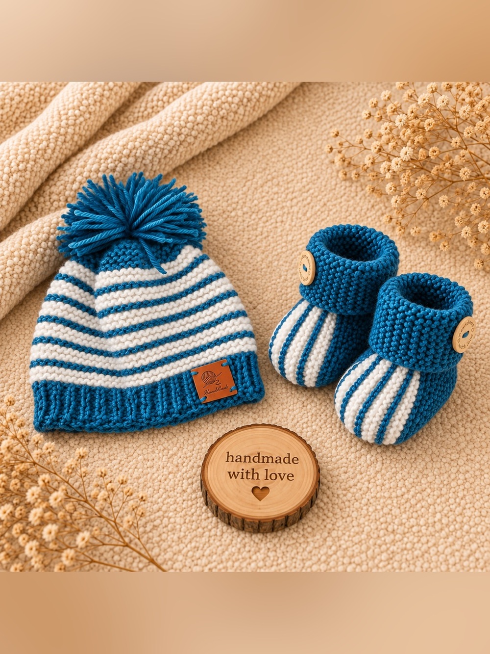 Striped Blue & White Knit Baby Hat and Booties Set
